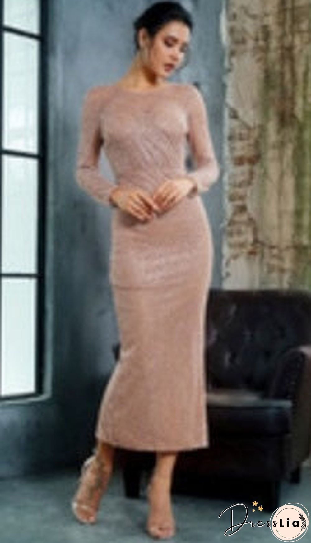 Navy 0-Neck Open Back Glued Material Mid-Calf Dress LM81350