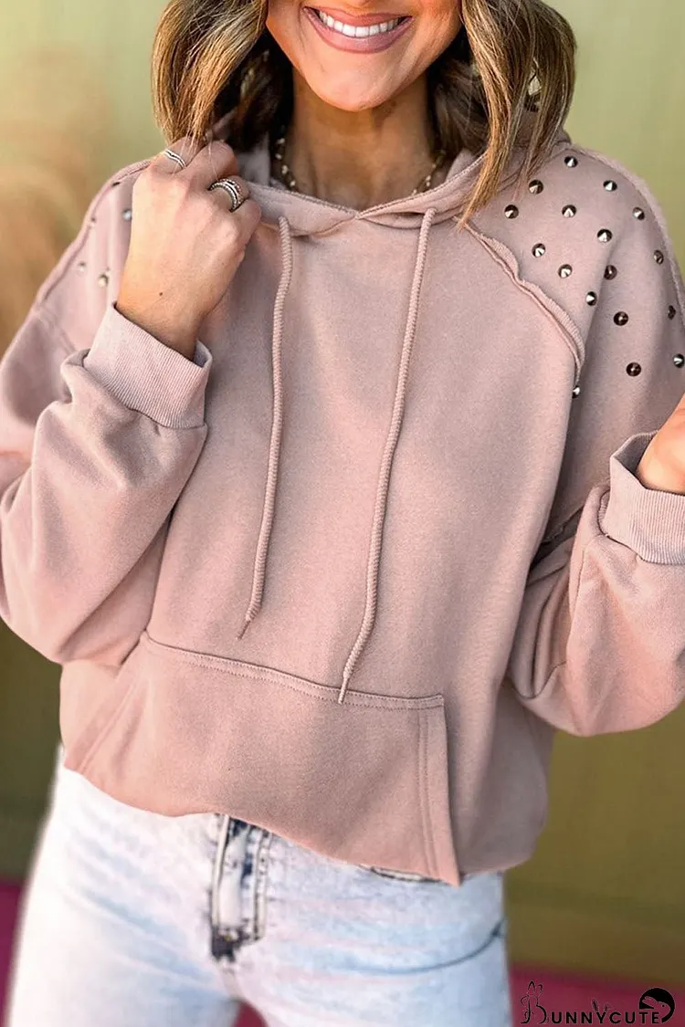 Fushia Solid Color Rivet Stud Raglan Sleeve Hoodie with Pocket