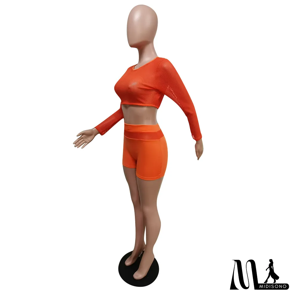 MidiSono - Solid Long Sleeve Breathable 2 Piece Shorts Set