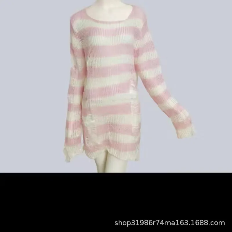 Churchf Churchf Hole Hollow Out In The Long Sweater Female Stripe Loose Color Dark Versatile Knit Niche Punk