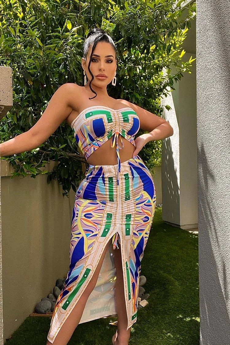 Printed Breast Wrap Maxi Dress Set
