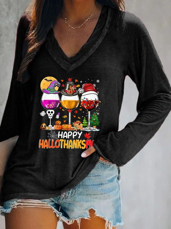 Women's Happy Hallothanksmas Wine Print T-shirt