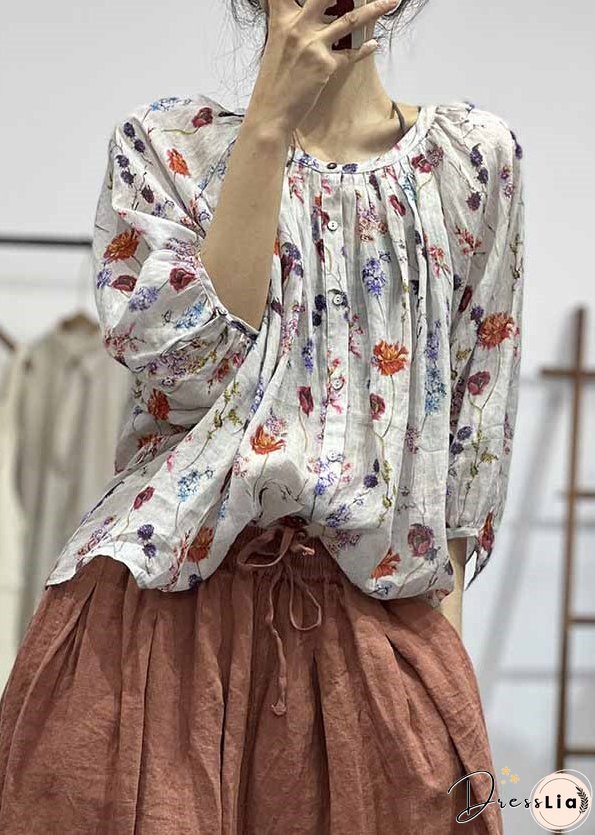 Loose White O Neck Print Button Cotton Shirt Bracelet Sleeve