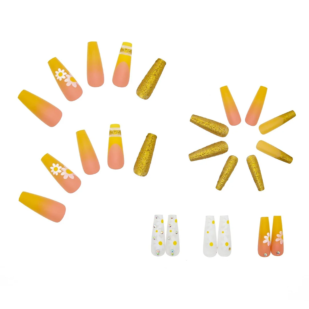 24pcs Coffin Fake Nails Detachable Yellow Gradient Flower Decal Ballerina Nail Art Tips Long Gold Glitter False Nails-Nail Inspo