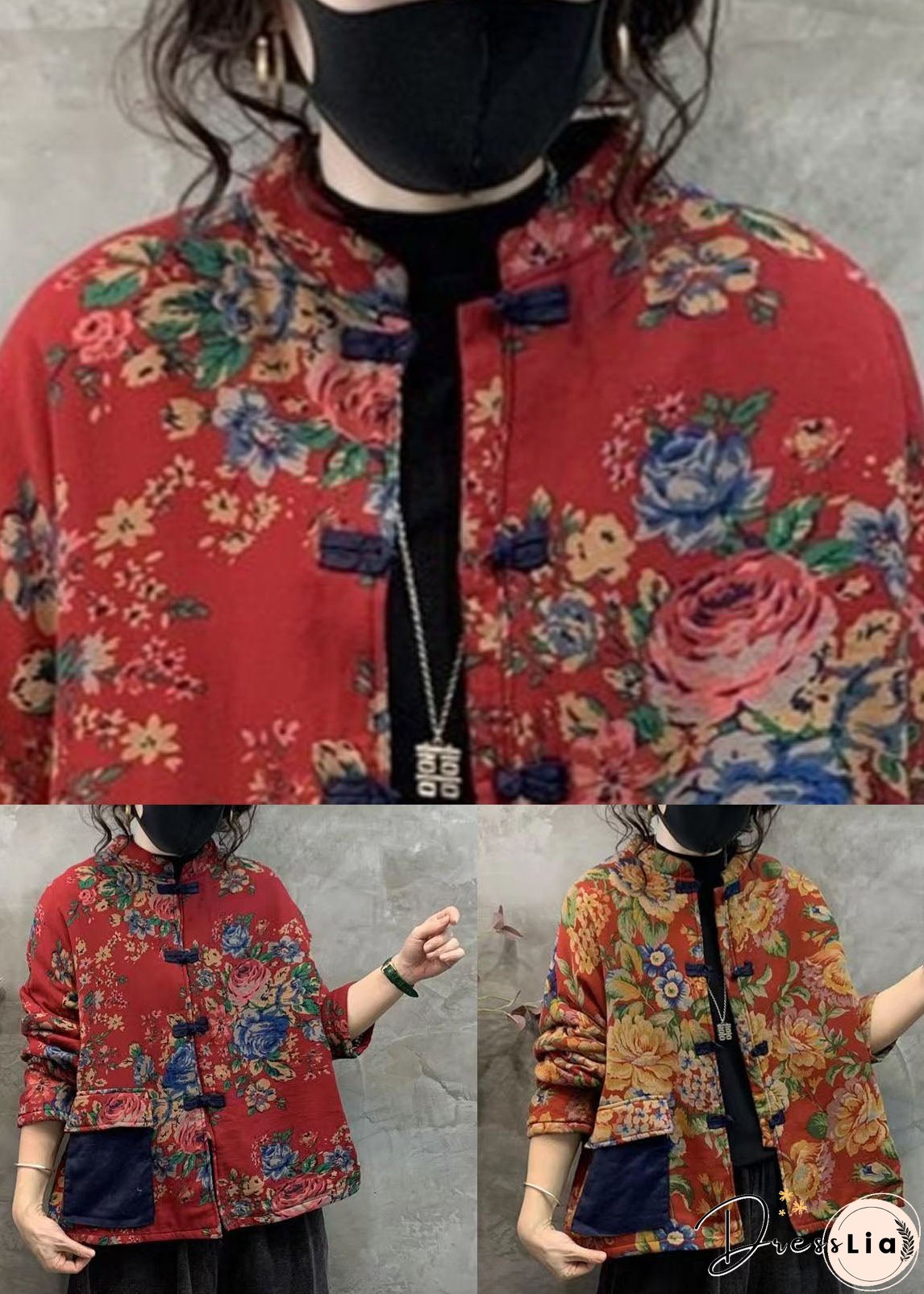 Red Print Thick Fine Cotton Filled Coats Stand Collar Oriental Button Winter