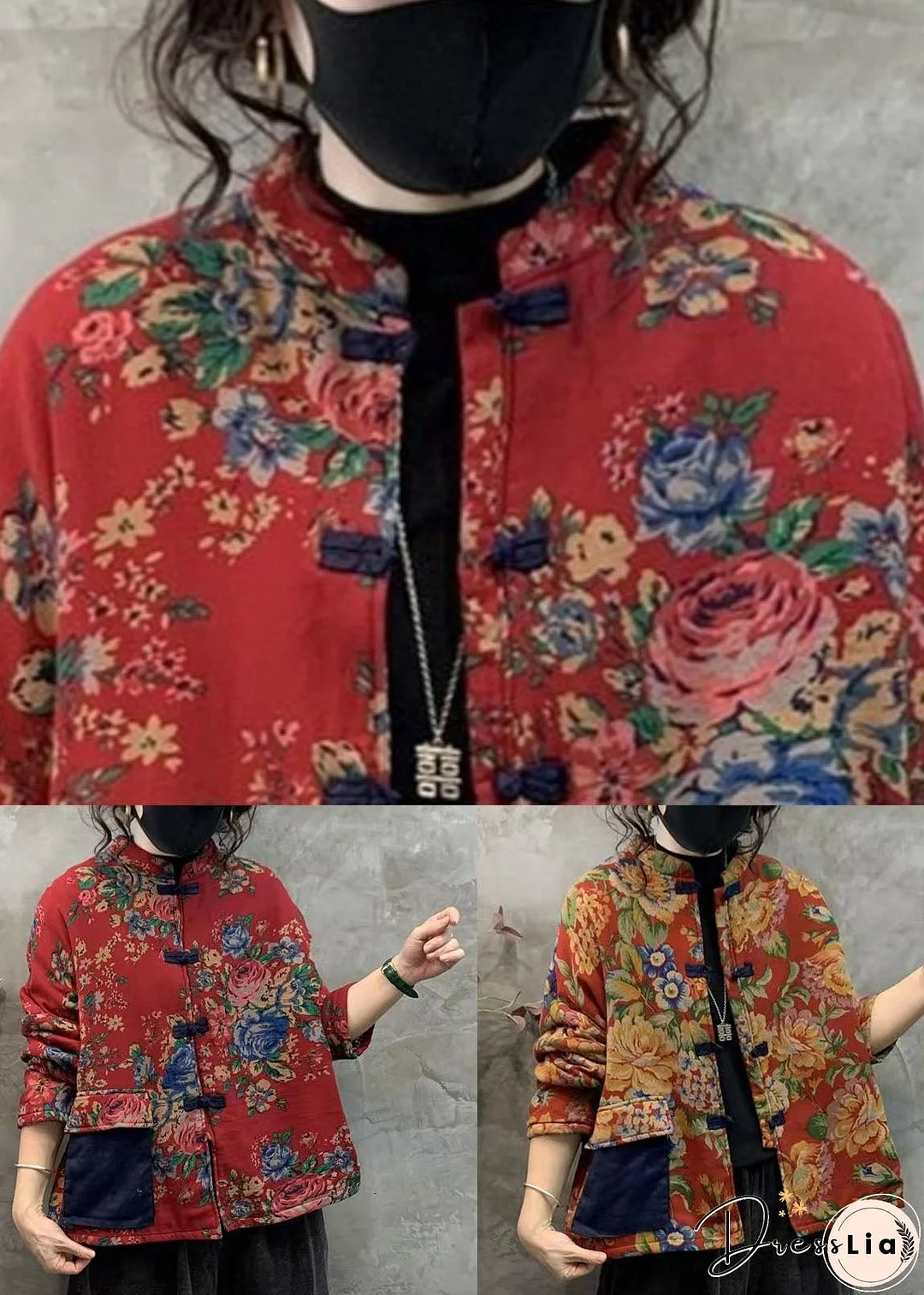 Red Print Thick Fine Cotton Filled Coats Stand Collar Oriental Button Winter