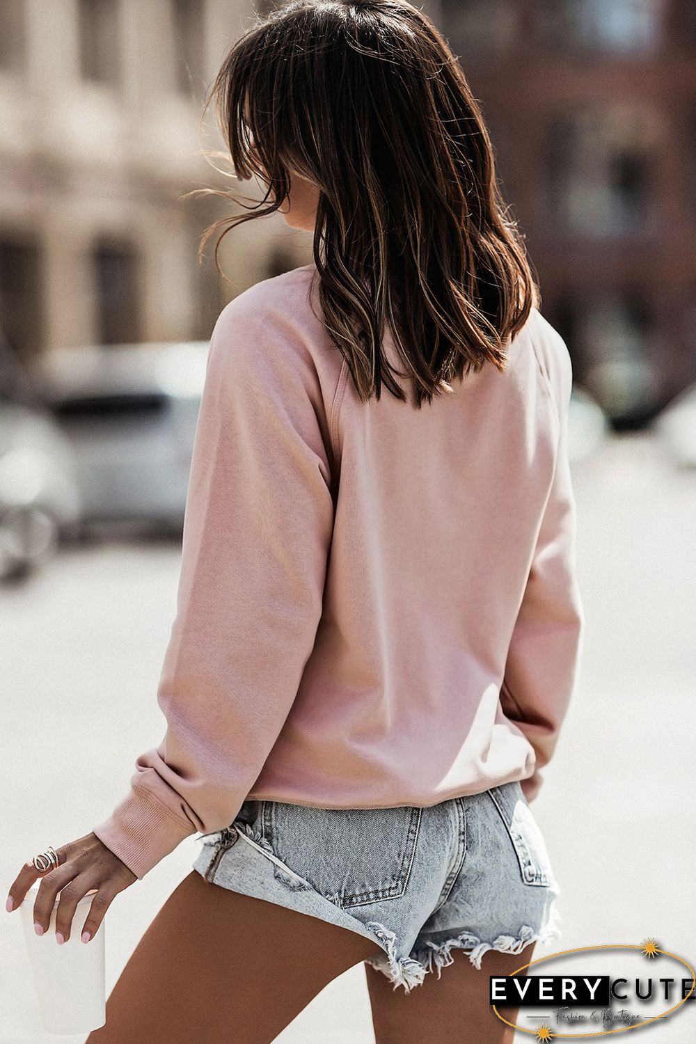 Pink French Terry Cotton Blend Pullover Sweatshirt