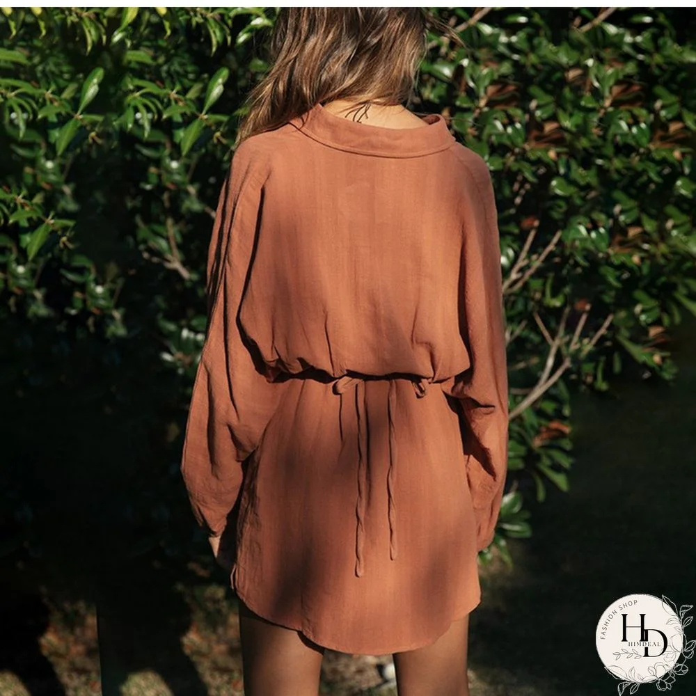 Autumn Winter Mini Shirt Dress Women's New Fashion Casual Solid Lantern Sleeve Turn-down Collar Button Beach Dresses For Femme