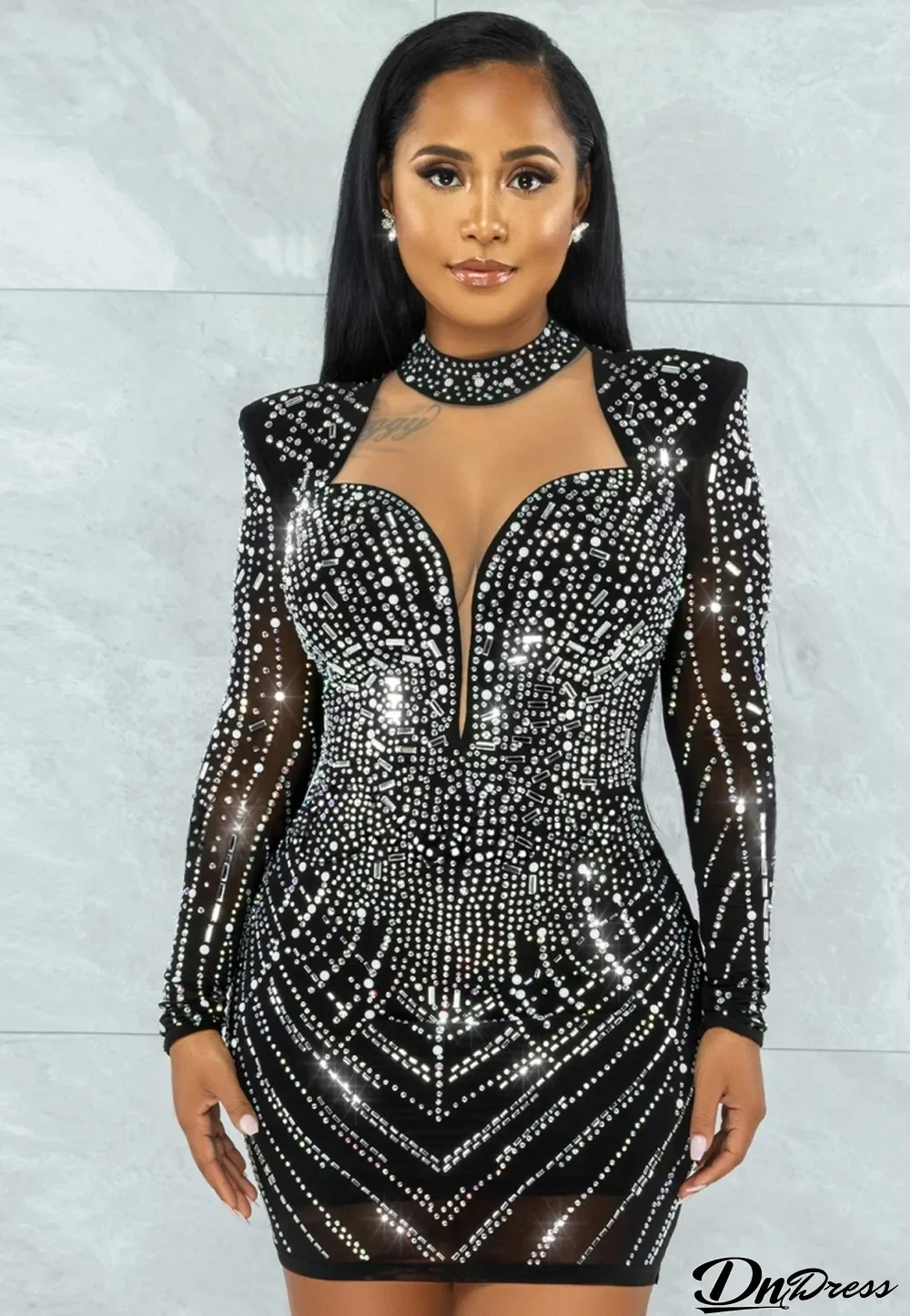 Fall Sexy Black Rhinestone High Neck Cut Out Long Sleeve Mini Dress