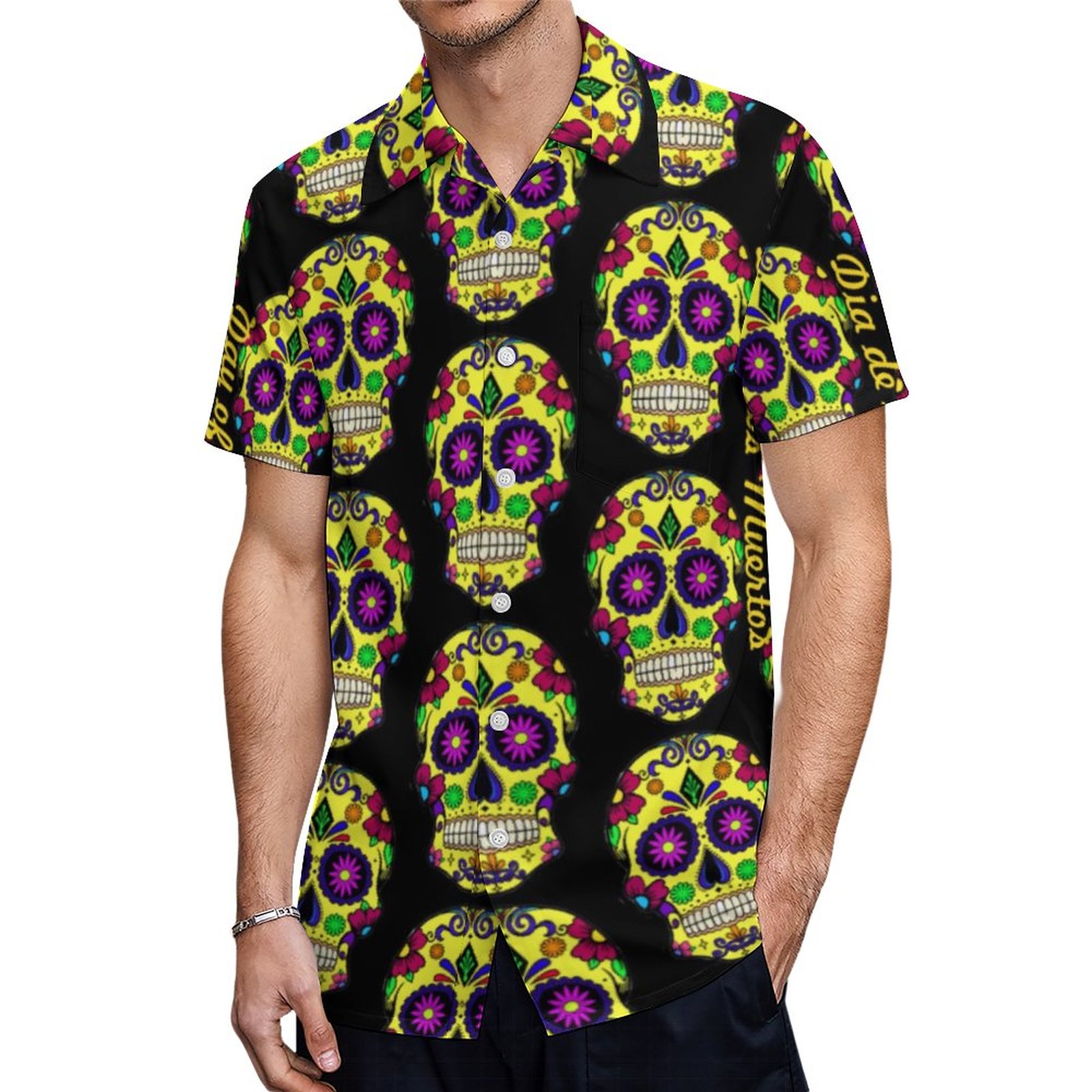 Sugar Skull Day Of The Dead Yoga Pants Hawaiian Shirt Mens Button Down Plus Size Tropical Hawaii Beach Shirts