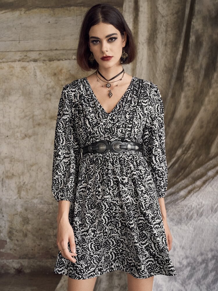 Vintage Print V-neck Mini A-line Dress For Women - Shop Trendy Women's Clothing | LoverChic