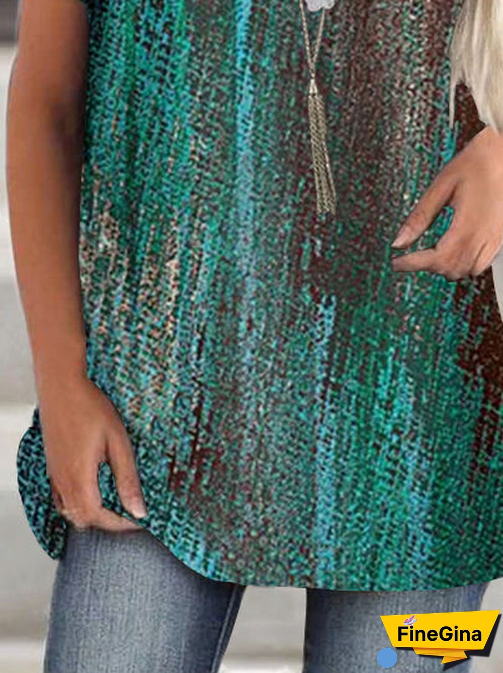 Women Green Color Short Sleeve Scoop Neck Striped Printed Top Blouse