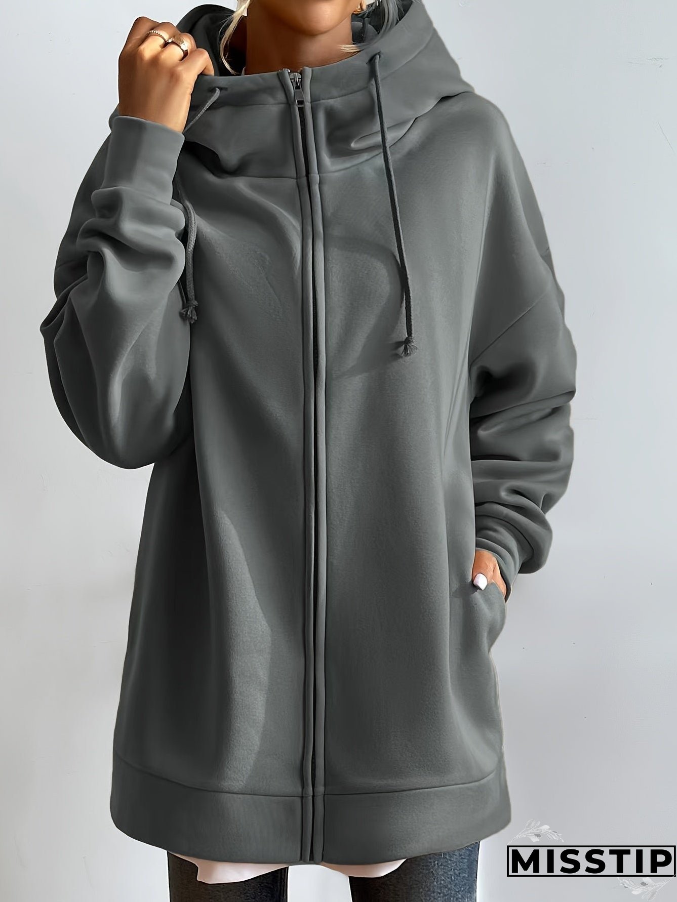 Solid Color Casual Sports Hooded Zipper Sweatshirs, Long Sleeve Drawstring Hoodie, Women's Sporty Sweatshirts