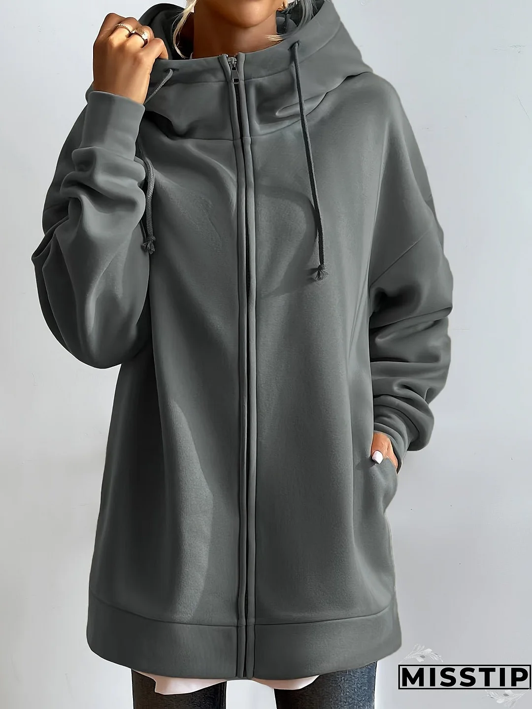 Solid Color Casual Sports Hooded Zipper Sweatshirs, Long Sleeve Drawstring Hoodie, Women's Sporty Sweatshirts