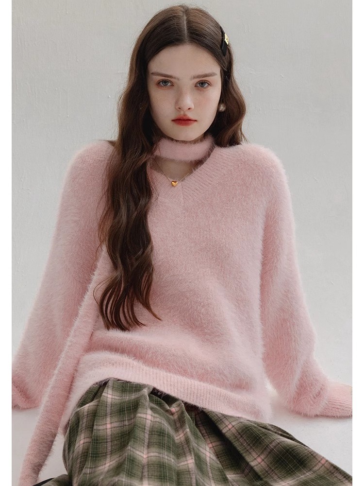 Retro Pure Desire Hot Girl V-Neck Solid Color Sweater Women'S Autumn/Winter Imitation Mink Knitted Sweater With Neck