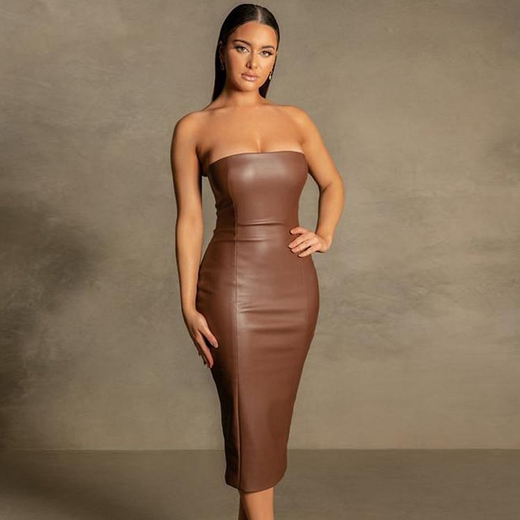 Strapless Stretch Midi Dresses Sexy Back Slit Black Chocolate Solid Elegant Outfit Party Faux Leather Dress