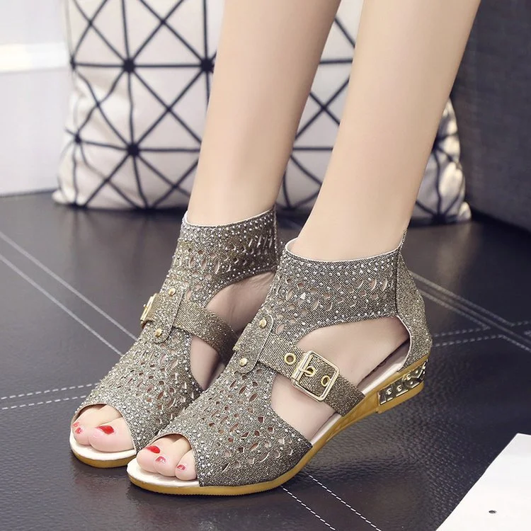 Women Summer Sandals Studded Hollow Out Peep Toe Buckled Sandals shopify Stunahome.com