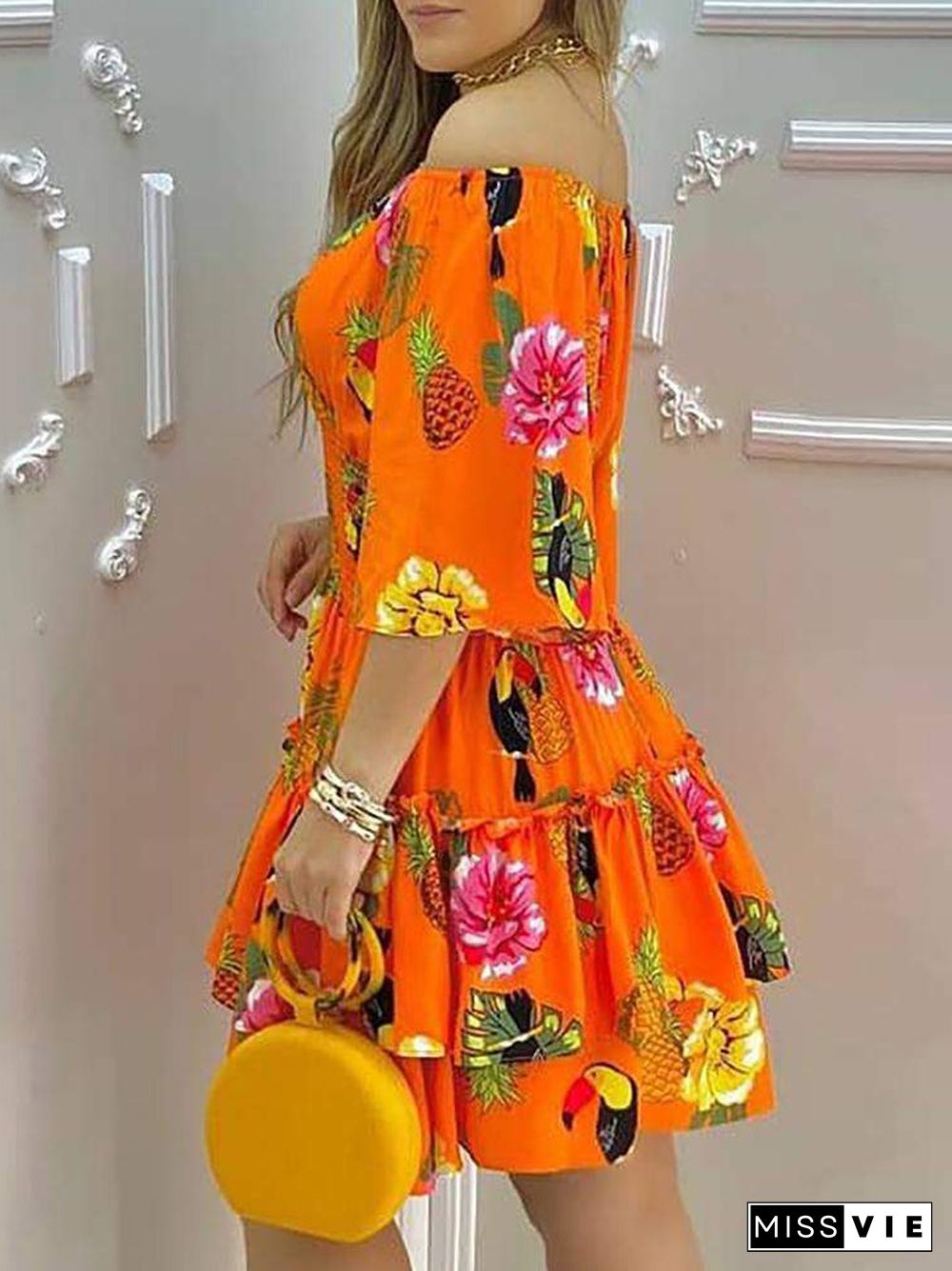 Sexy One Word Collar Backless Party Mini Dress Women Summer Elegant Floral Printed Half