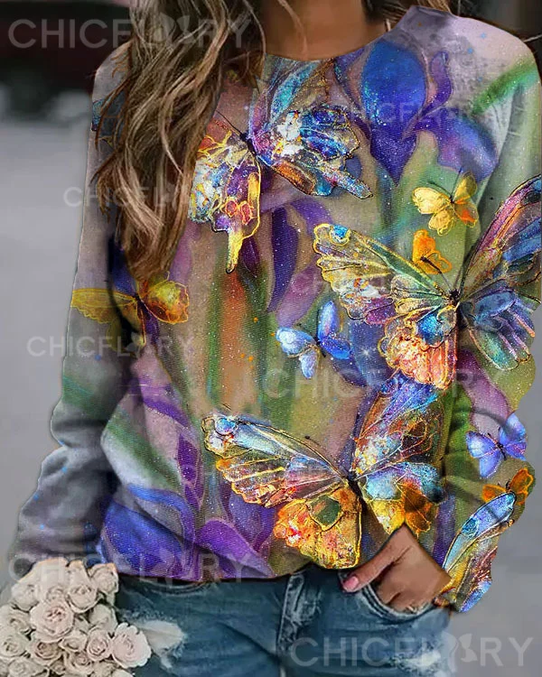 Women's Floral Butterfly Print Loose Sweatshirt