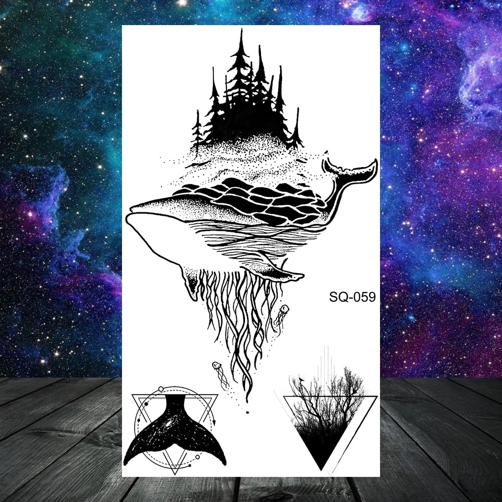 Sdrawing Seahorse Whale Temporary Tattoos For Women Men Cross Anchor Skeleton Thorns Elephant Fake Tattoo Fashion Tatoos Paper