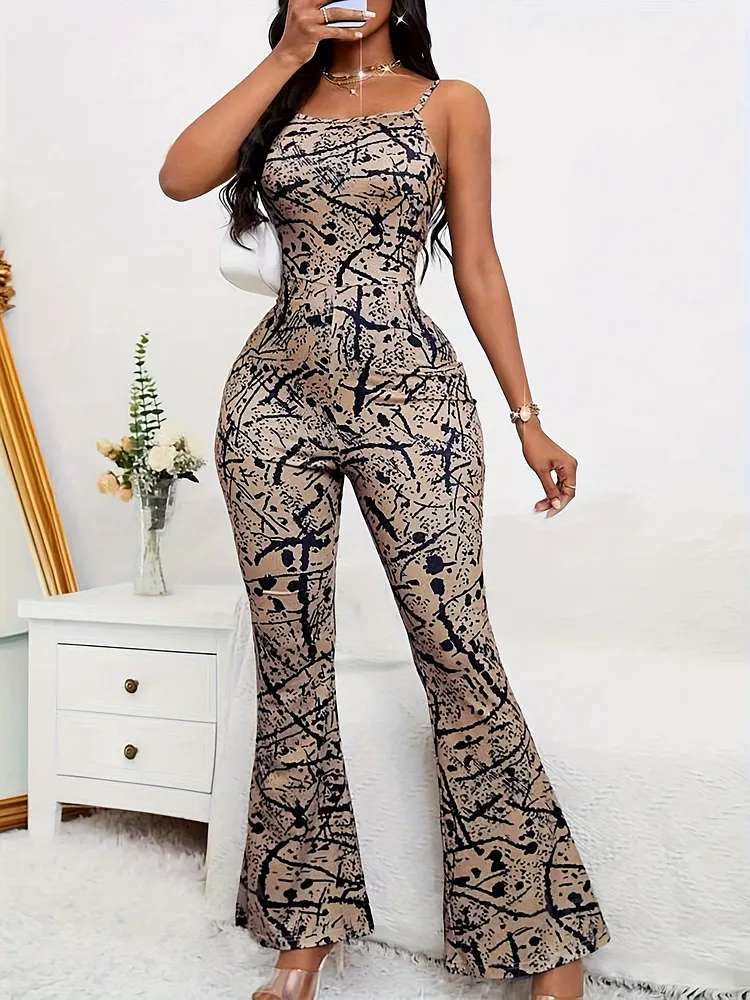 Spring Summer Womens Clothing-Splash Ink Print Flare Leg Jumpsuit Sexy Sleeveless Cami