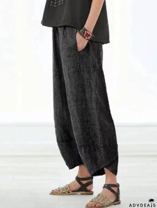 Stylish Women's Casual Pants: Solid Color Pocketed Cotton and Linen Elegance