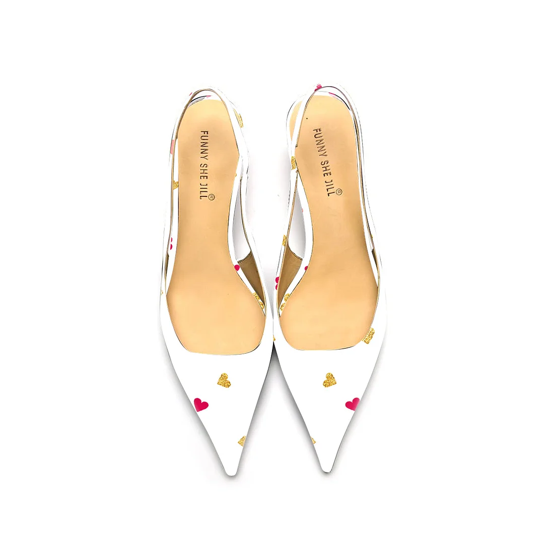 Cute Heart Pattern Patent Leather Pointed Toe Elegant Kitten Heel Slingback Dress Pump Shoes