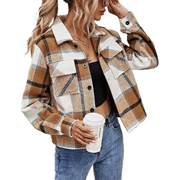 Women's Fashion Cropped Flannel Wool Blend Plaid Shacket Long Sleeve Button Down Jackets Coat