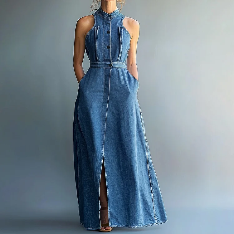 Ursime Stand Collar Sleeveless Button Pocket Slit Denim Maxi Dress