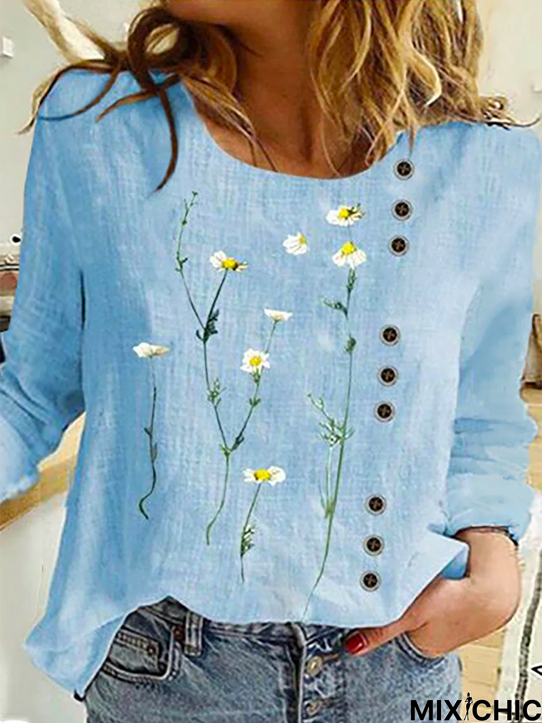 Women's Floral Blue Cotton Blend Crew Long Sleeve Casual Top