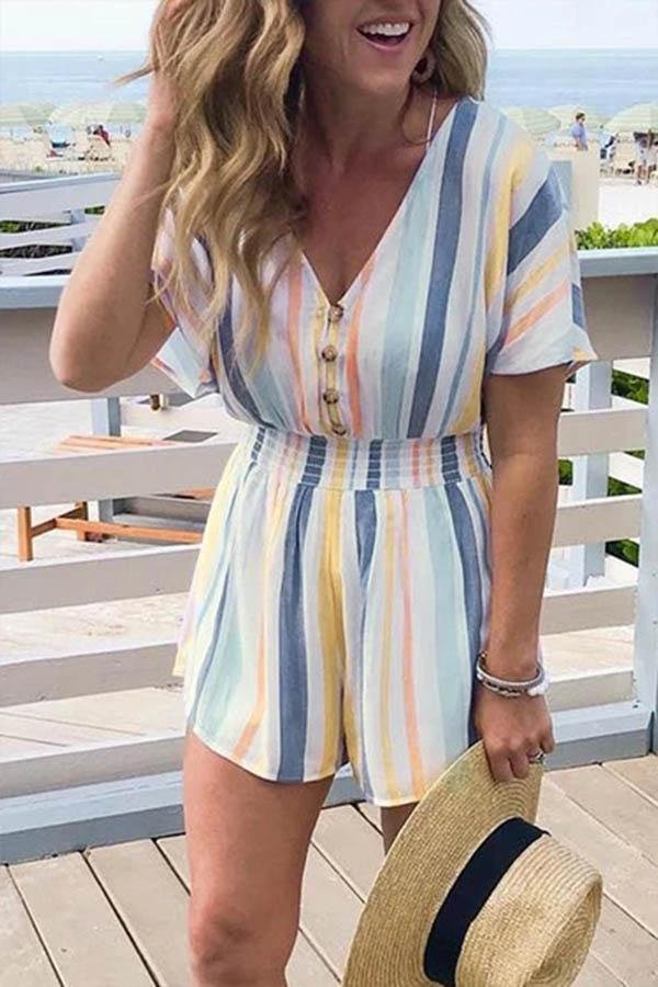 Womens Striped V Neck Single Breasted Romper-Allyzone-Allyzone