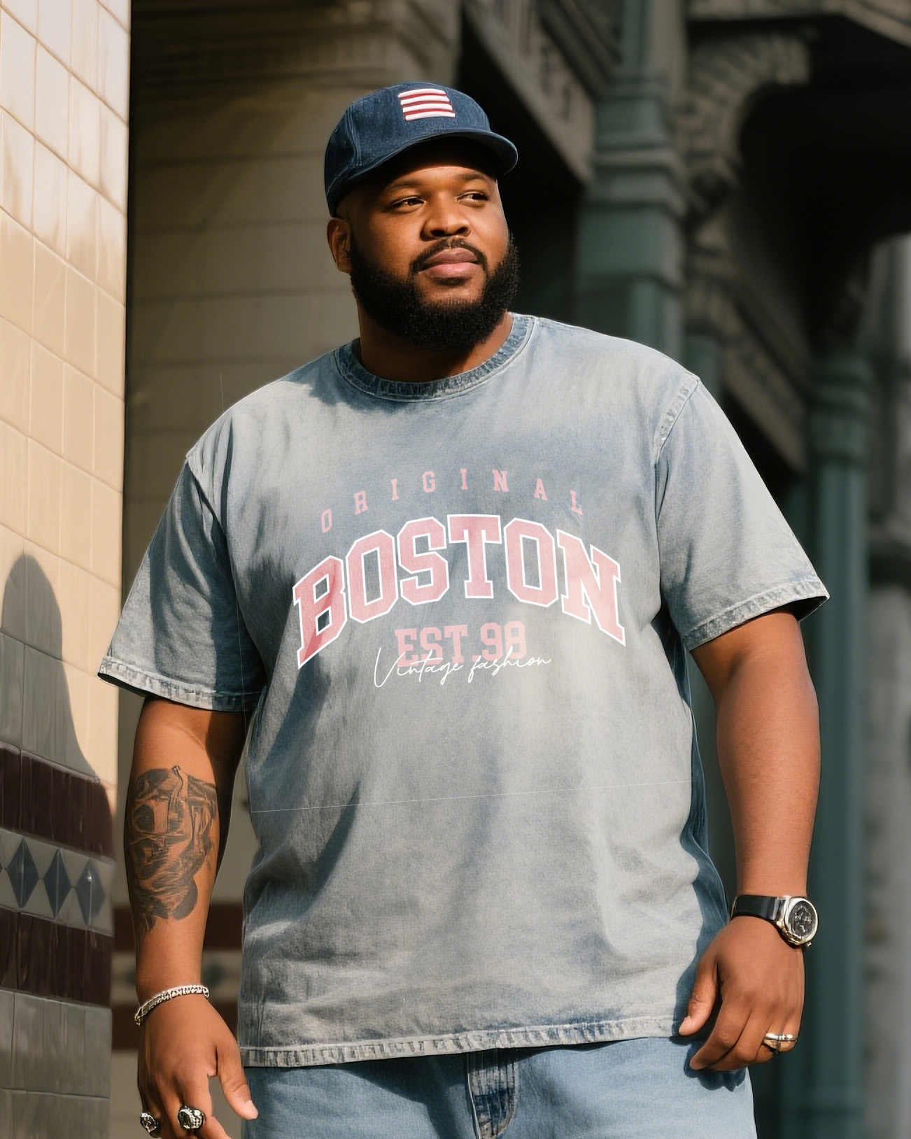 Plus Size Men's Fashion Street Personality Gray Denim Short Sleeve Printed T-shirt