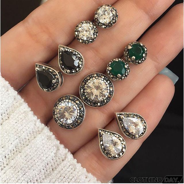 Women Vintage Drop-Shaped Rhinestone Stud Earrings Set