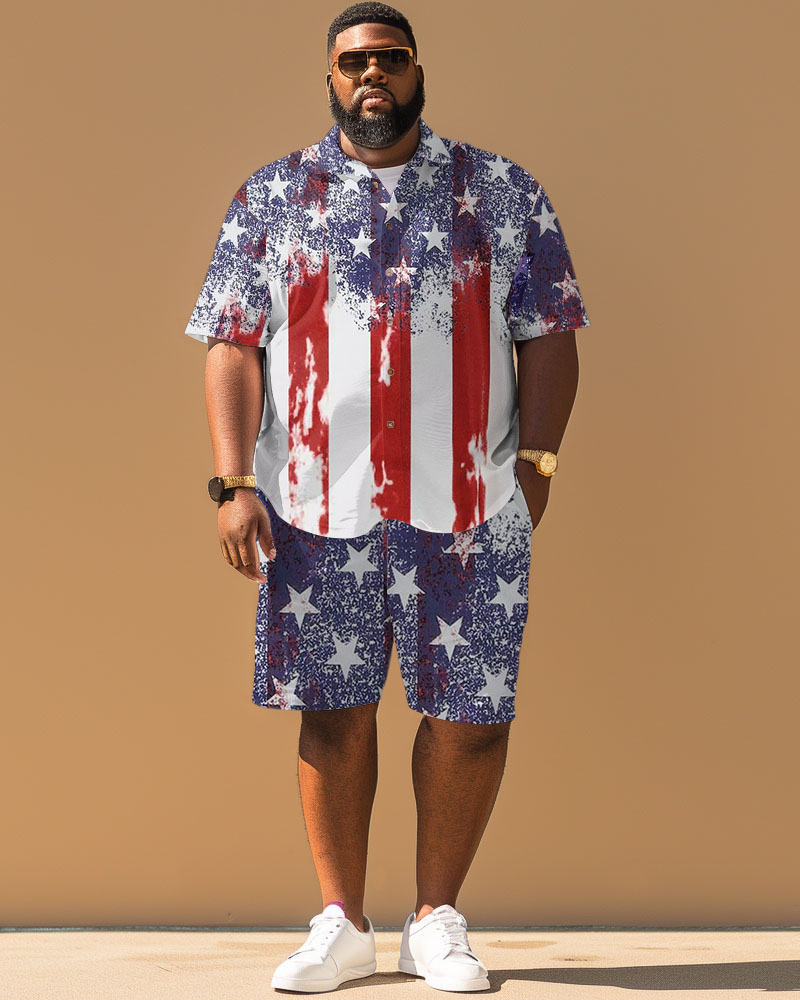 Men's Plus Size Independence Day Flag Splash Ink Stars Print Short Sleeve Shirt Shorts Suit