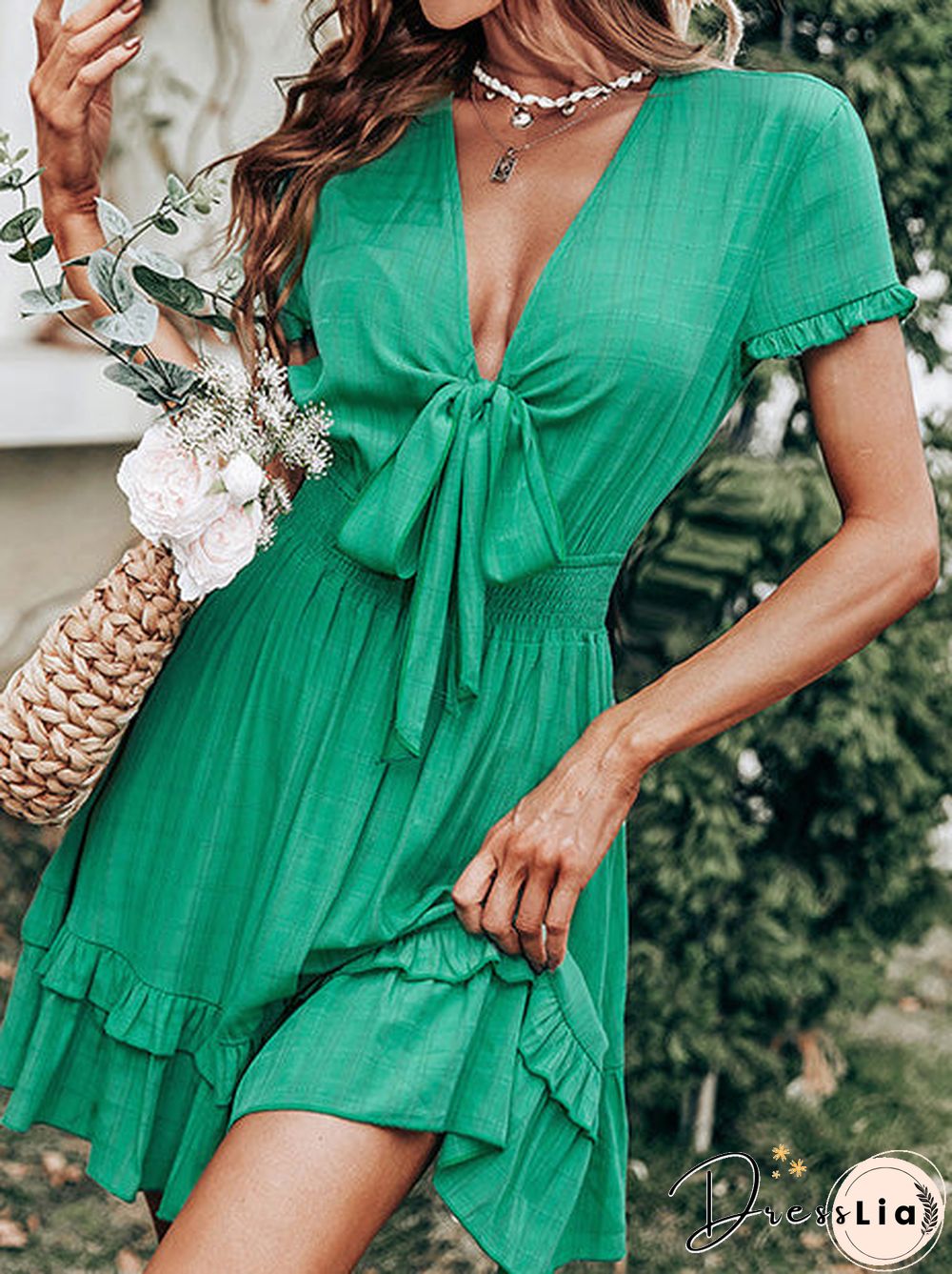 Women'S Dresses V-Neck Bow Short Sleeve Ruffle Dress