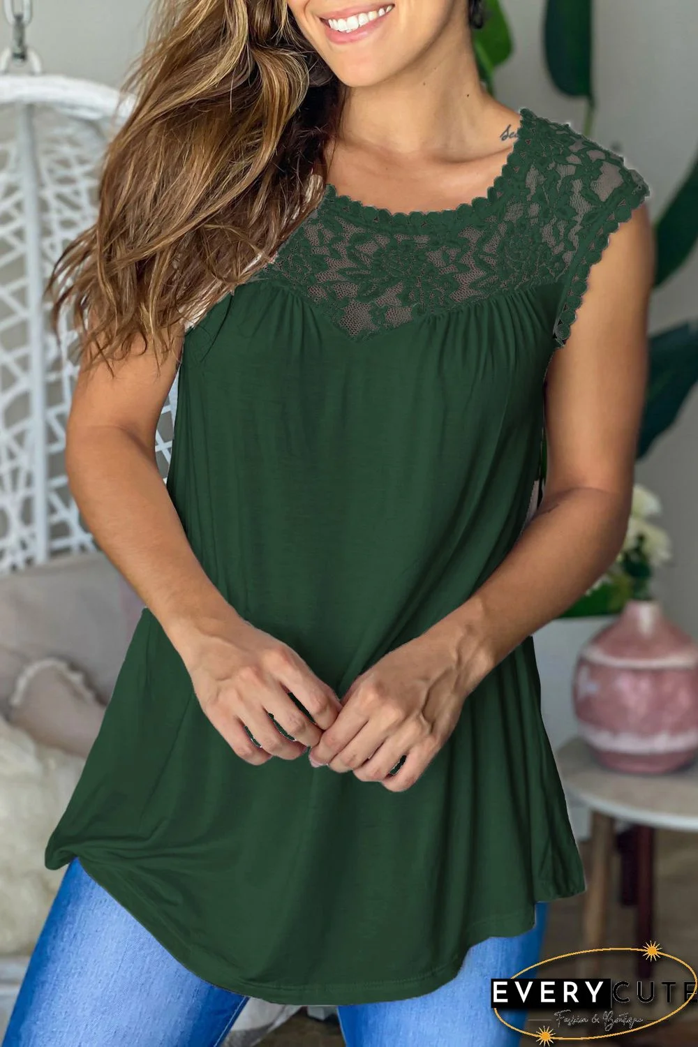Green Sleeveless Top with Lace Detail