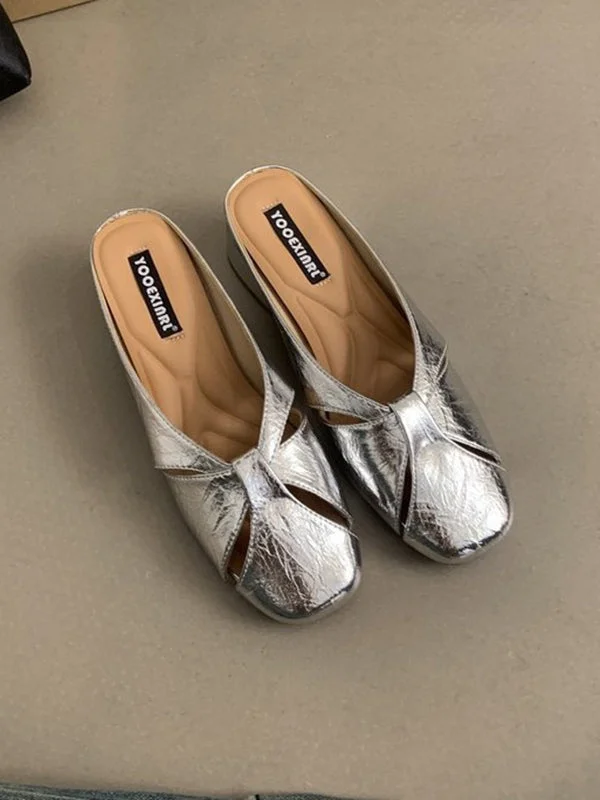 Hollow Round-Toe Shiny Pumps Slippers&Mules