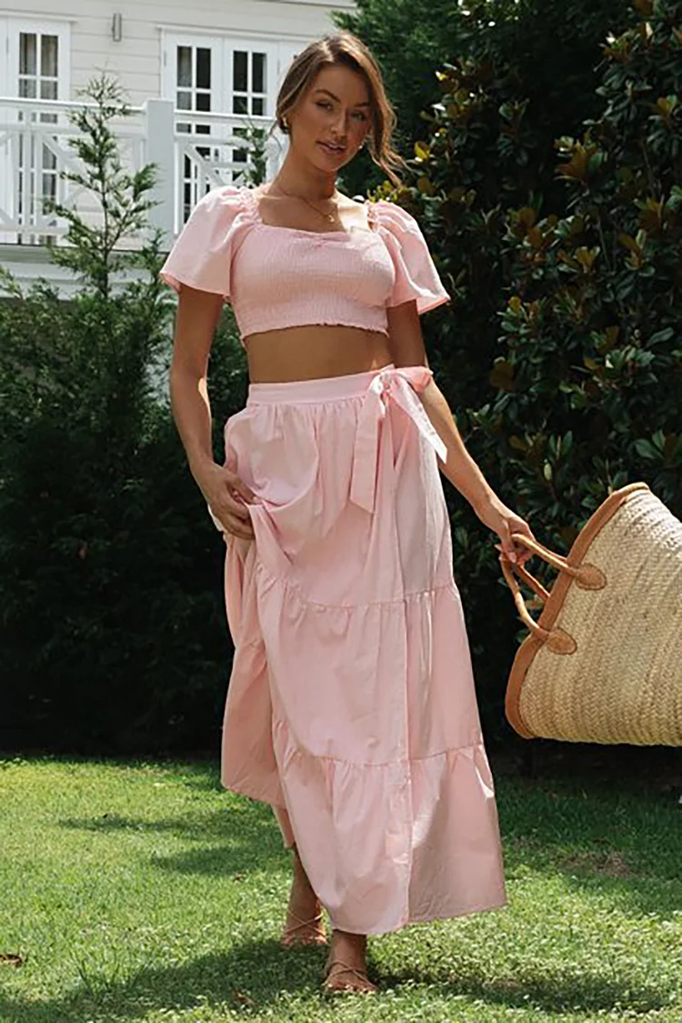 Ruched Square Neck Short Puffy Sleeve Crop Top High Slit Knotted Tiered Pleated Vacation Maxi Skirt Matching Set