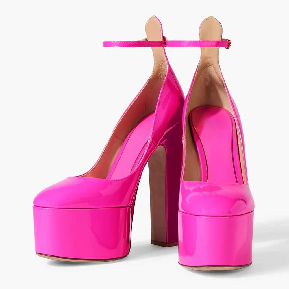 Pink Patent Leather Round Toe Platform Pumps Ankle Strap Chunky Heels Nicepairs