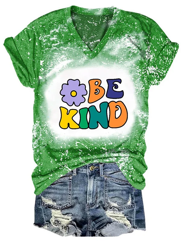 Short Sleeve V Neck Gradient Be Kind Letter Printed T-shirt