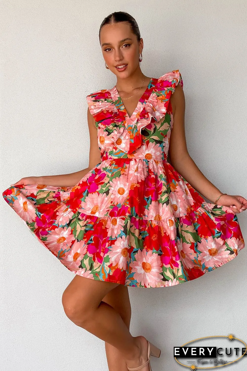 Red Floral Sleeveless V Neck Frill Mini Dress