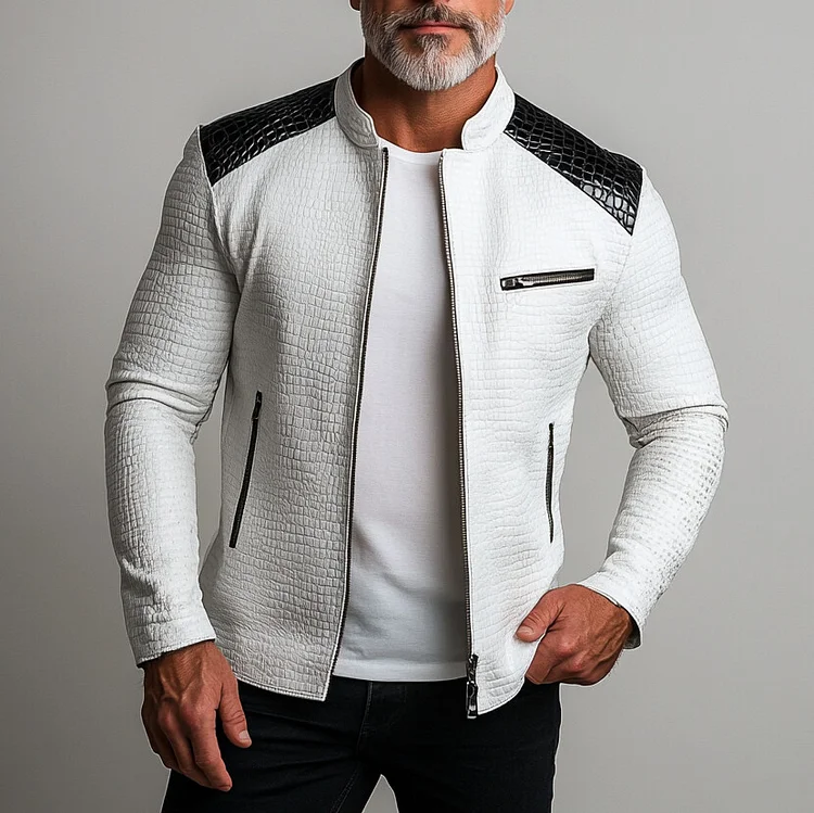 Men's Stand Collar Contrast Color PU Leather Crocodile Zipper Jacket