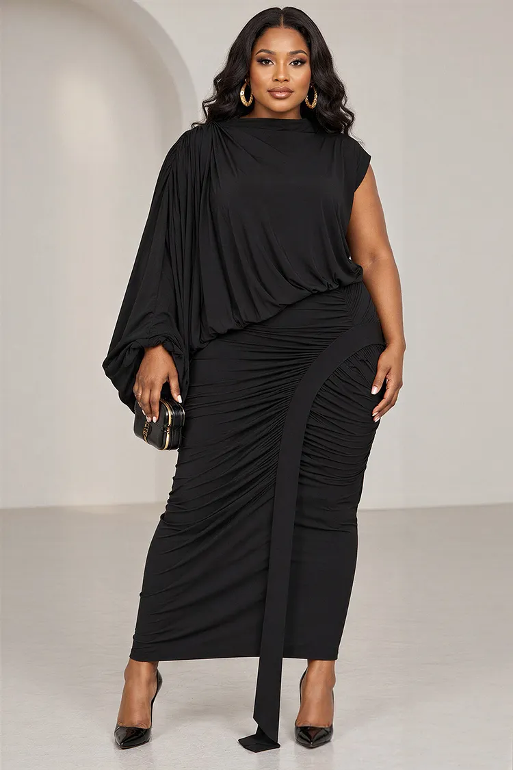 Xpluswear Design Plus Size Party Black Round Neck One Shoulder Long Sleeve Fold Two Piece Skirt Sets [Pre-Order] 2024 - Xpluswear