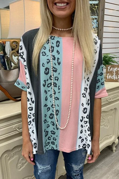 Women's Casual Leopard Patchwork Print T-Shirt Loose Cheetah Outfit Top