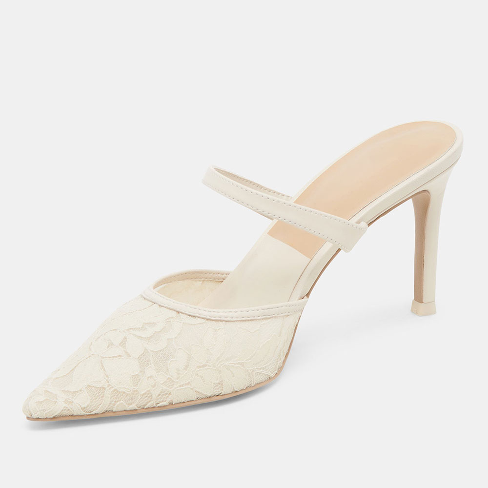 Ivory Floral Lace Pointed Toe Stiletto Heel Strap Mules Shoes Nicepairs