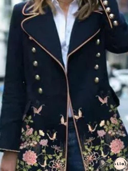 Women's Coats Vintage Print Lapel Button Long Sleeve Coat