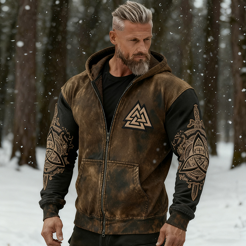 Men's Viking Odin Death Warrior Knot Totem Distressed Hoodie elevenforest