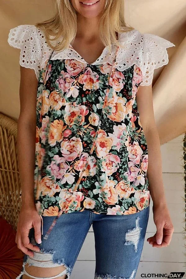 Printed V-Neck Sleeveless Lace Panel Casual T-Shirt