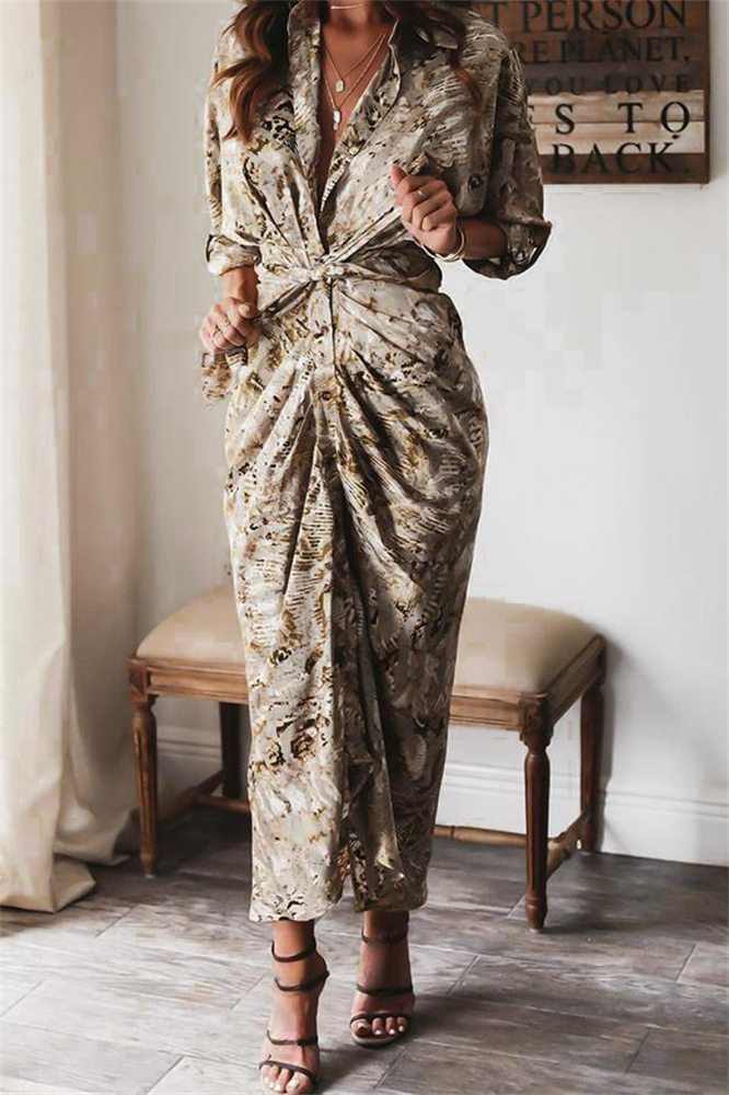 Distinctive Print 3/4 Sleeve Maxi Dress With Belt-vocosishoes