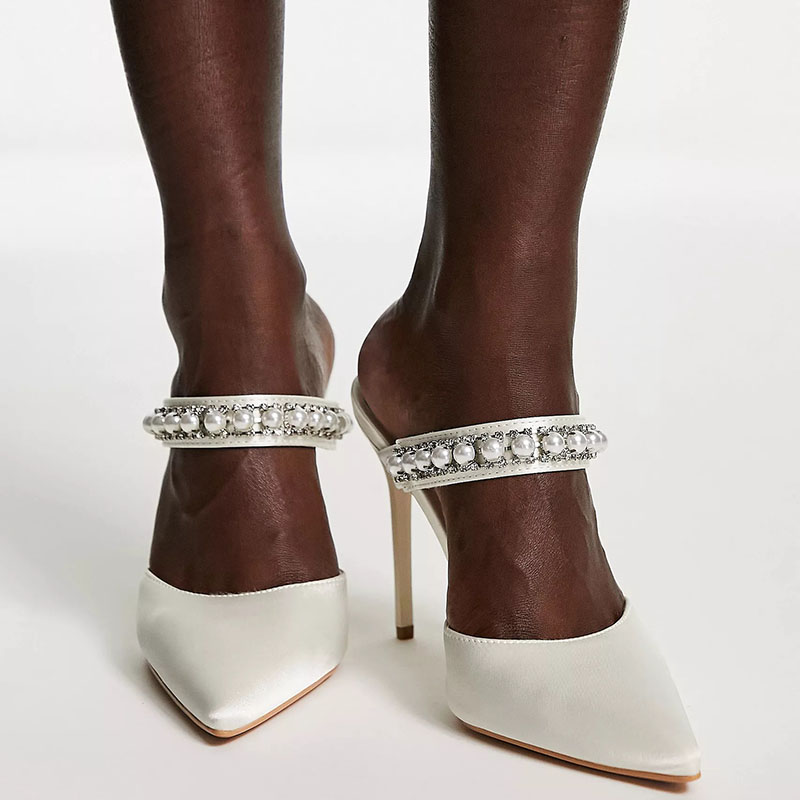 GOOSHOE Ivory Satin Pointed Toe Mule Heels with Pearls Stiletto Pumps